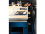 Load image into Gallery viewer, Modern rectangular black plate with subtle glossy finish on textured gray placemat for dining pool table 7.5ft vintage oak