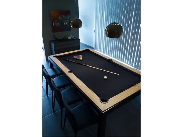 Black felt dining pool table 7.5ft with light vintage oak frame and white cue ball near center