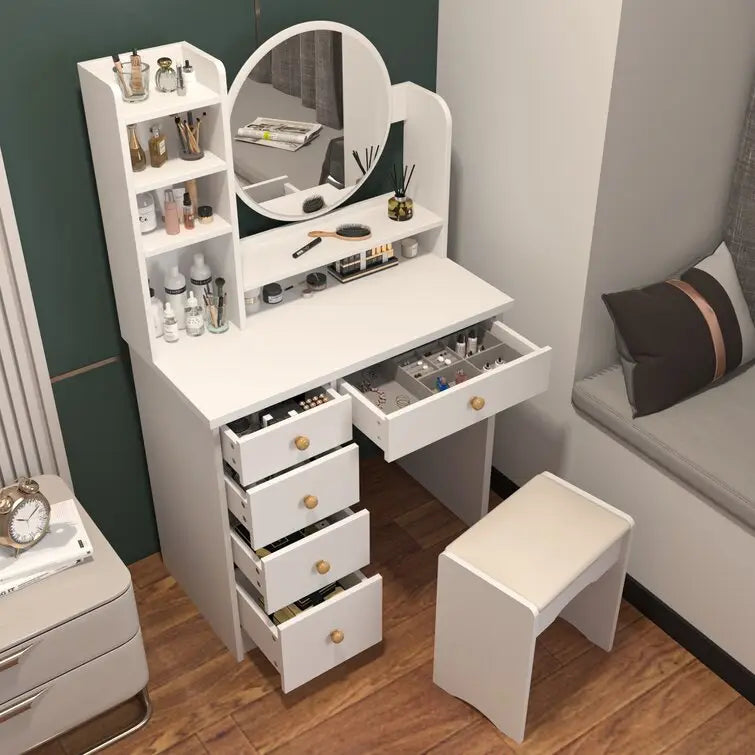 Dressing Table Set with Stool and Round Mirror-GCC Home Center