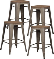 EdgeMod Trattoria 24' Counter Height Industrial Bar Stool with Elmwood Seat, Stackable, Bronze (Set of 4)-GCC Home Center