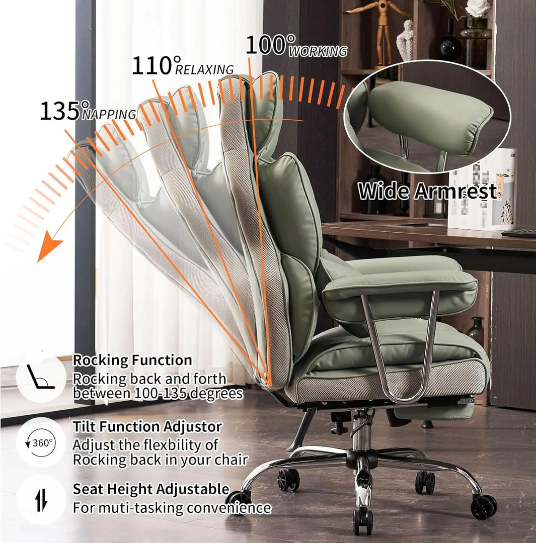 Efomao Big and Tall Office Chair 400lbs – PU Leather Executive Desk Chair with Lumbar Support & Leg Rest, Heavy-Duty Computer Chairs for Home Office, Green