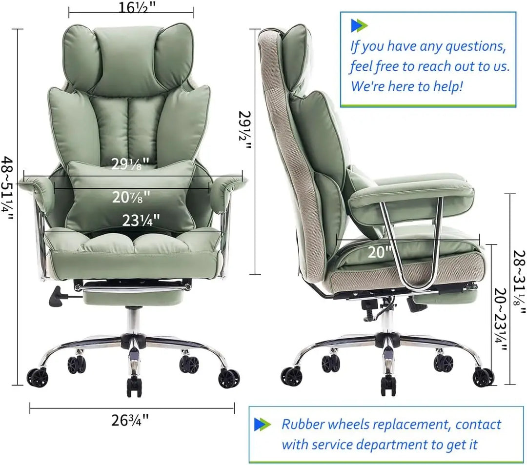 Efomao Big and Tall Office Chair 400lbs – PU Leather Executive Desk Chair with Lumbar Support & Leg Rest, Heavy-Duty Computer Chairs for Home Office, Green