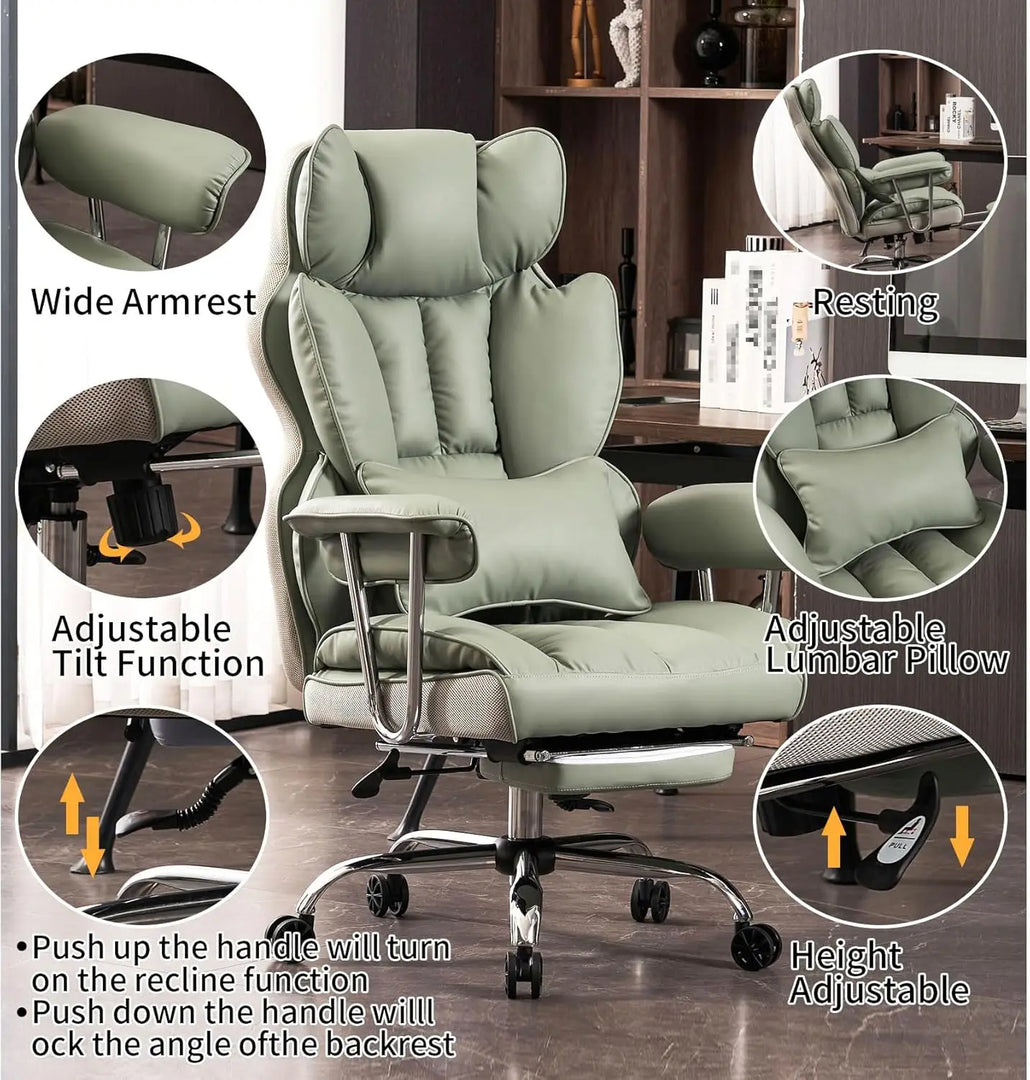 Efomao Big and Tall Office Chair 400lbs – PU Leather Executive Desk Chair with Lumbar Support & Leg Rest, Heavy-Duty Computer Chairs for Home Office, Green
