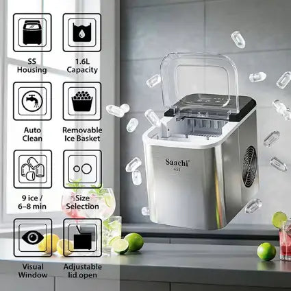 Electric Ice Maker NL-IM-451-ST, 1.6L Water Tank, 15KG Ice/24H, 9 Bullet Ice Cubes Every 6-8 Mins, Small & Large Ice Sizes, Auto Clean, Stainless Steel 1.6 L 130 W NL-IM-451-ST Silver