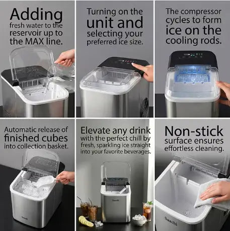 Electric Ice Maker NL-IM-451-ST, 1.6L Water Tank, 15KG Ice/24H, 9 Bullet Ice Cubes Every 6-8 Mins, Small & Large Ice Sizes, Auto Clean, Stainless Steel 1.6 L 130 W NL-IM-451-ST Silver