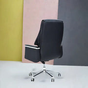 Black leather elegance executive office chair with high back steel structure chrome base and casters