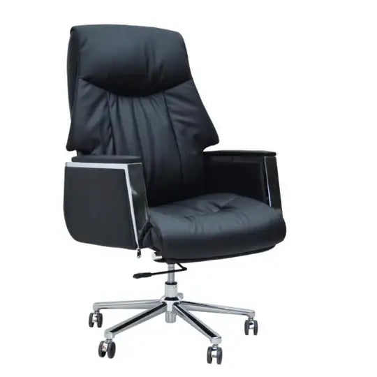 Black leather Elegance executive office chair with high back, chrome base, and casters for steel structure support