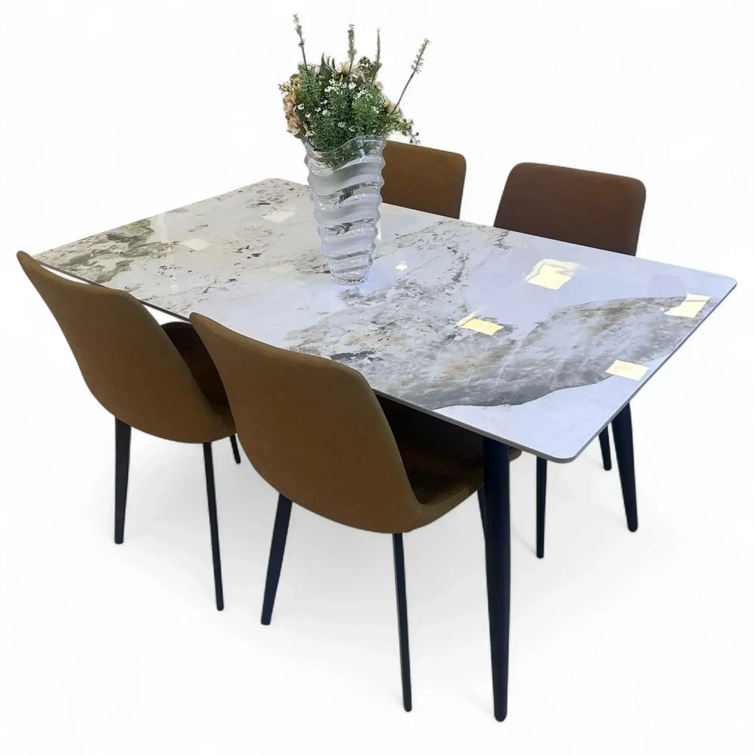 Elegance Modern 4 Seater Dining Table Set With Marble Top (Brown)