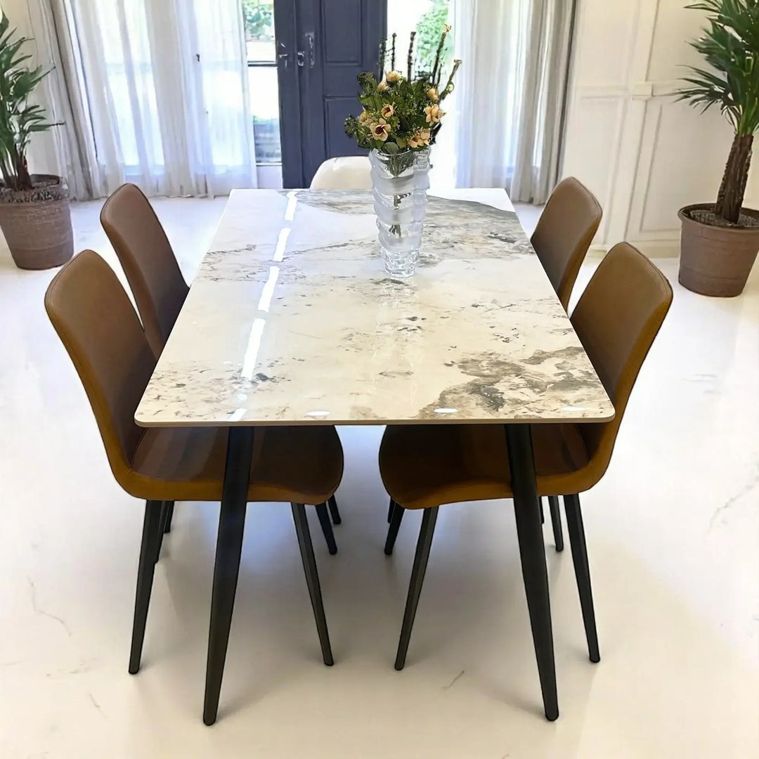 Elegance Modern 4 Seater Dining Table Set With Marble Top (Brown)