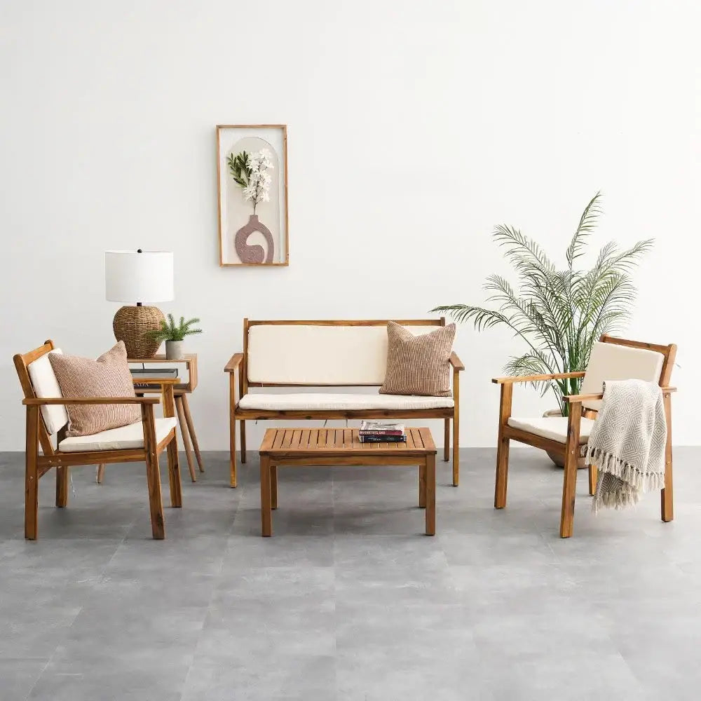 Elegant 4-Seater Sofa Set – Natural Wood