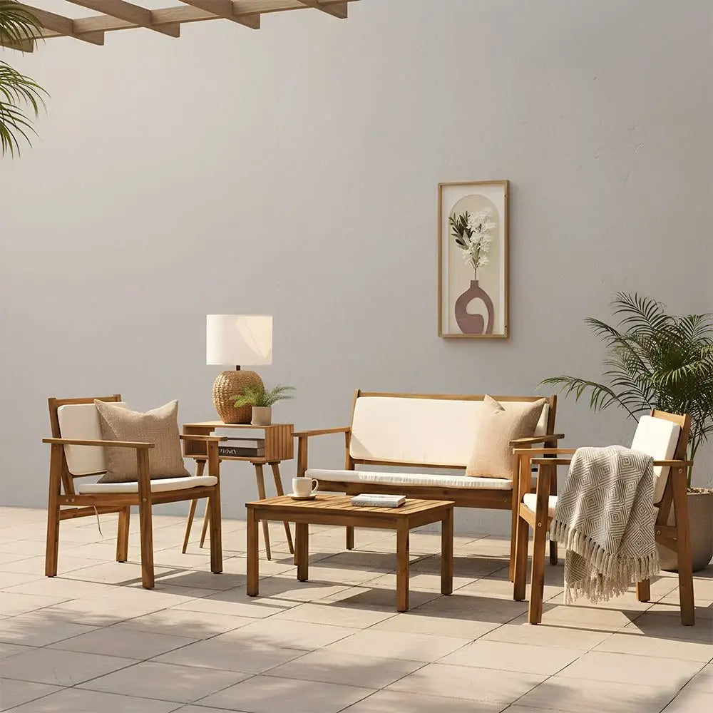 Elegant 4-Seater Sofa Set – Natural Wood