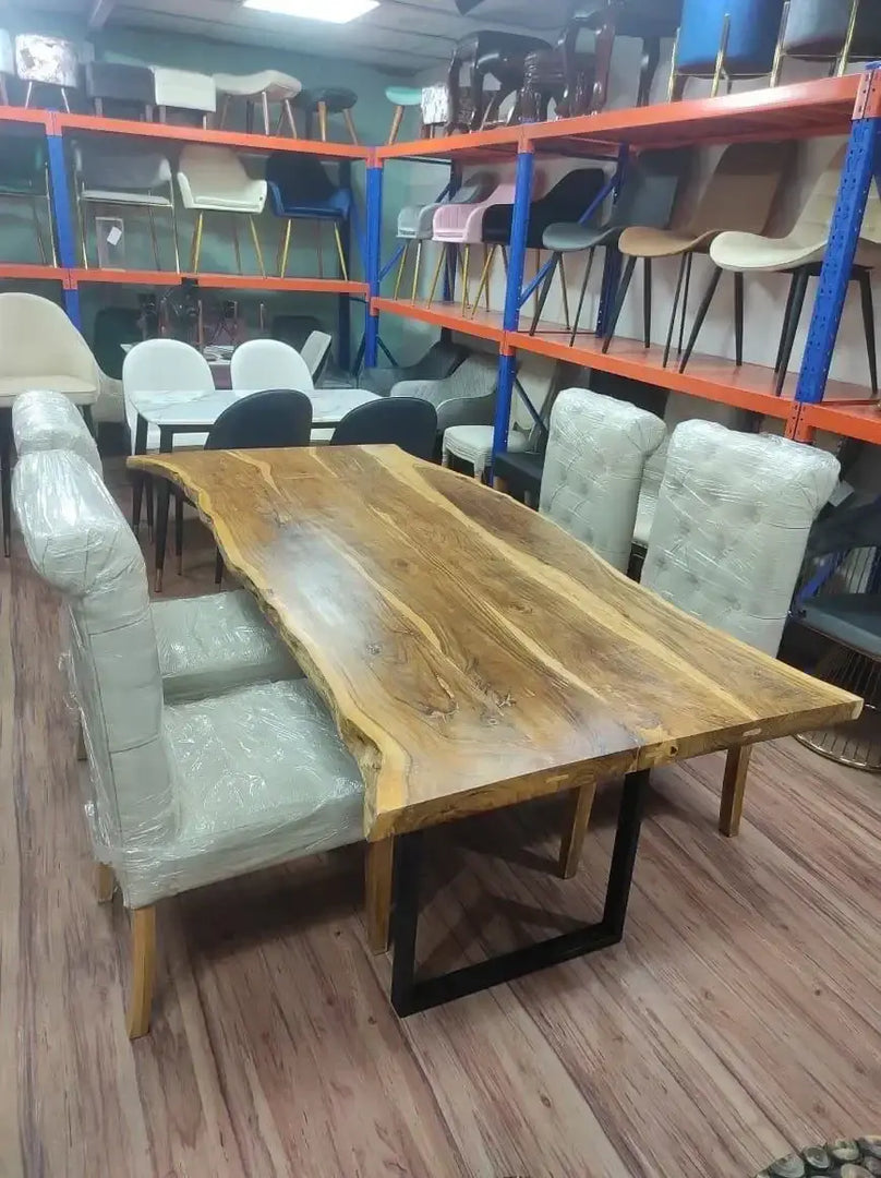 Elegant Acacia Wood & Wrought Iron Vintage Dining Table