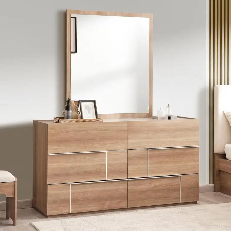 Elegant Dresser with 6 Drawers and Mirror – Beige