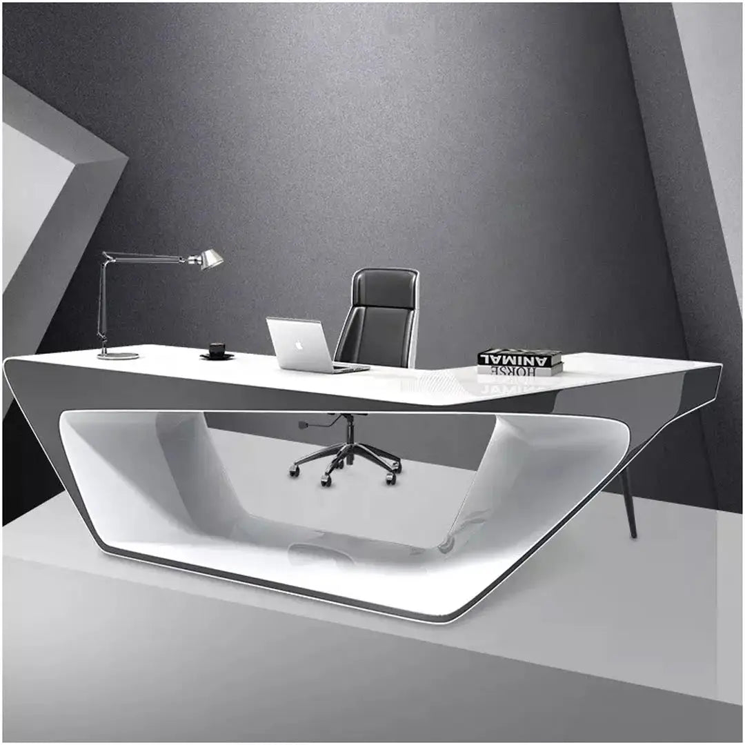 Elegant Glossy Executive Office Table, Office Desk With Cable Management - White-GCC Home Center