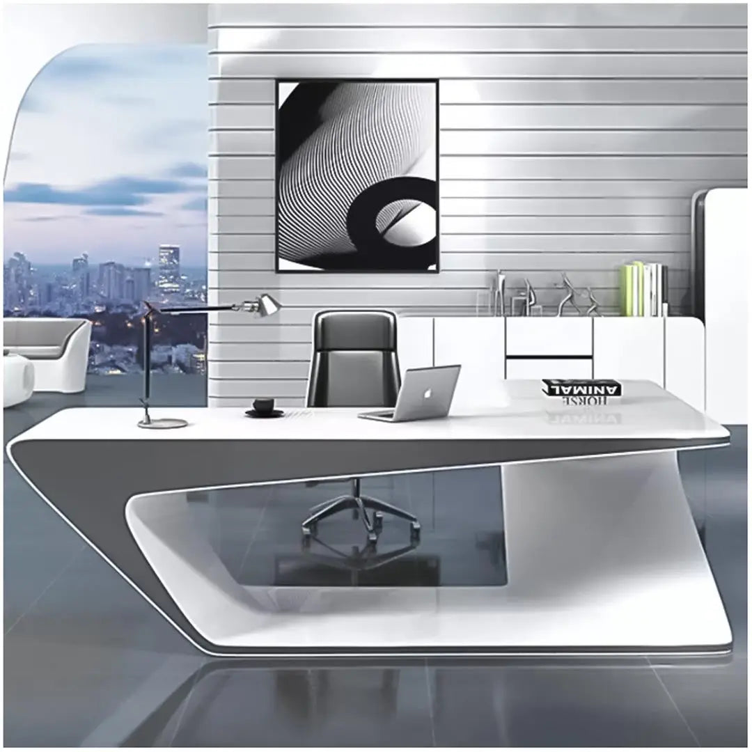 Elegant Glossy Executive Office Table, Office Desk With Cable Management - White-GCC Home Center