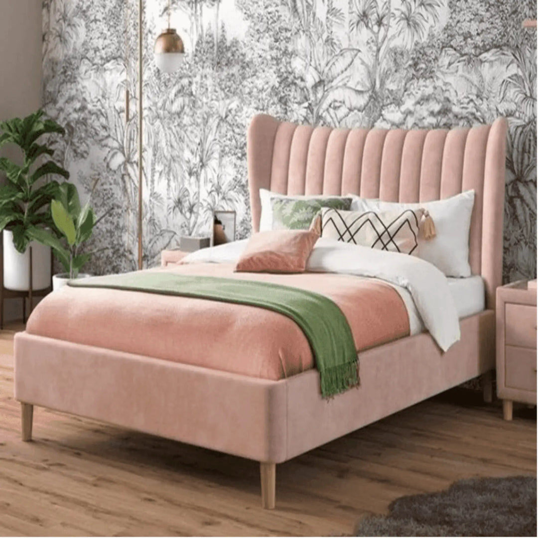 Elegant King-Size Upholstered Teakwood Bed with Customizable Options & Suede Velvet Finish-GCC Home Center
