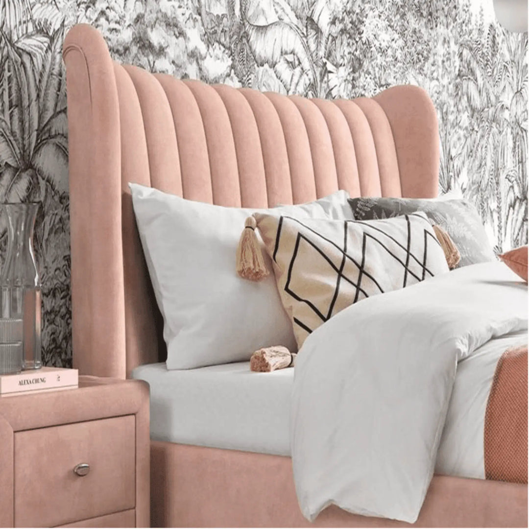 Elegant King-Size Upholstered Teakwood Bed with Customizable Options & Suede Velvet Finish-GCC Home Center