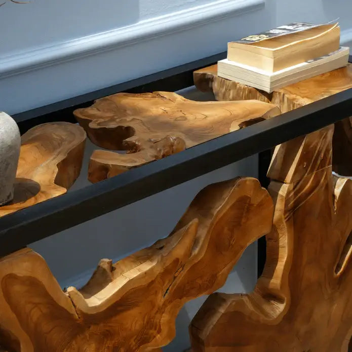 Elegant Natural teak root wood Coffee Table With Sleek Black Metal Frame
