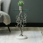 Load image into Gallery viewer, Elegant Side Table – Antique Silver Twig Design Metal with Marble Base &amp; Glass Top