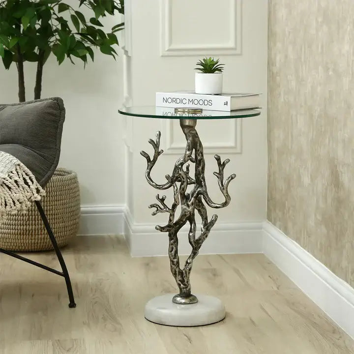 Elegant Side Table – Antique Silver Twig Design Metal with Marble Base & Glass Top