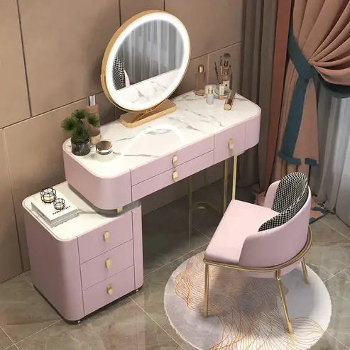 Elegant Solid Wood Dressing Table with LED Mirror and Chair - White/Gray/Pink-GCC Home Center