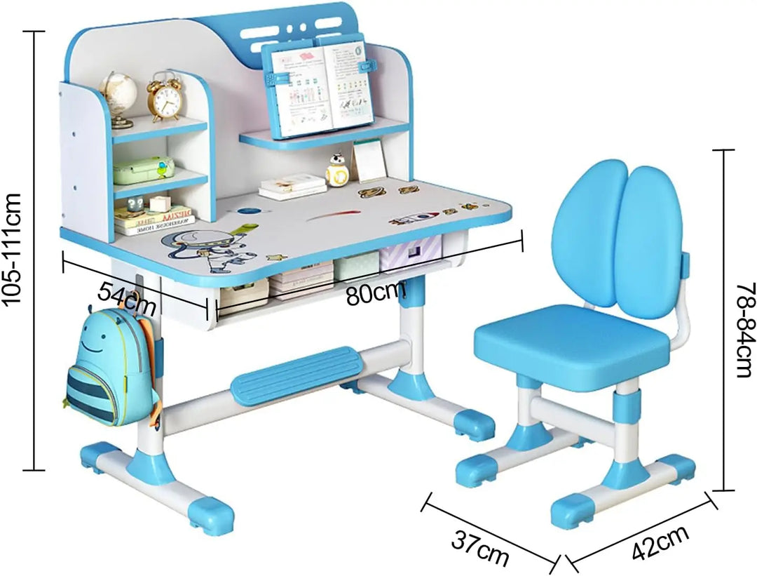 Enlarged Kids Table and Chair Set, Multifunctional Children's Reading Study Activity Desk, Ergonomic Toddler Chairs, with Storage Drawer, Bookcase, Double Shelves, for School Student Writing Studying