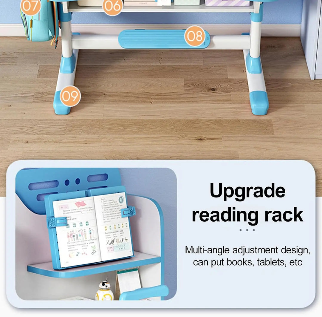 Enlarged Kids Table and Chair Set, Multifunctional Children's Reading Study Activity Desk, Ergonomic Toddler Chairs, with Storage Drawer, Bookcase, Double Shelves, for School Student Writing Studying