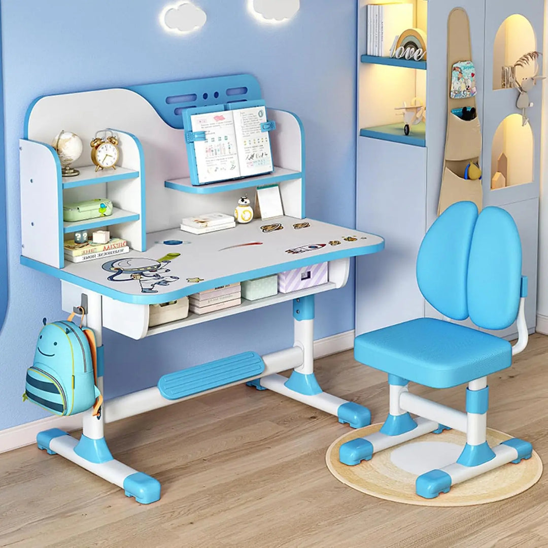 Enlarged Kids Table and Chair Set, Multifunctional Children's Reading Study Activity Desk, Ergonomic Toddler Chairs, with Storage Drawer, Bookcase, Double Shelves, for School Student Writing Studying