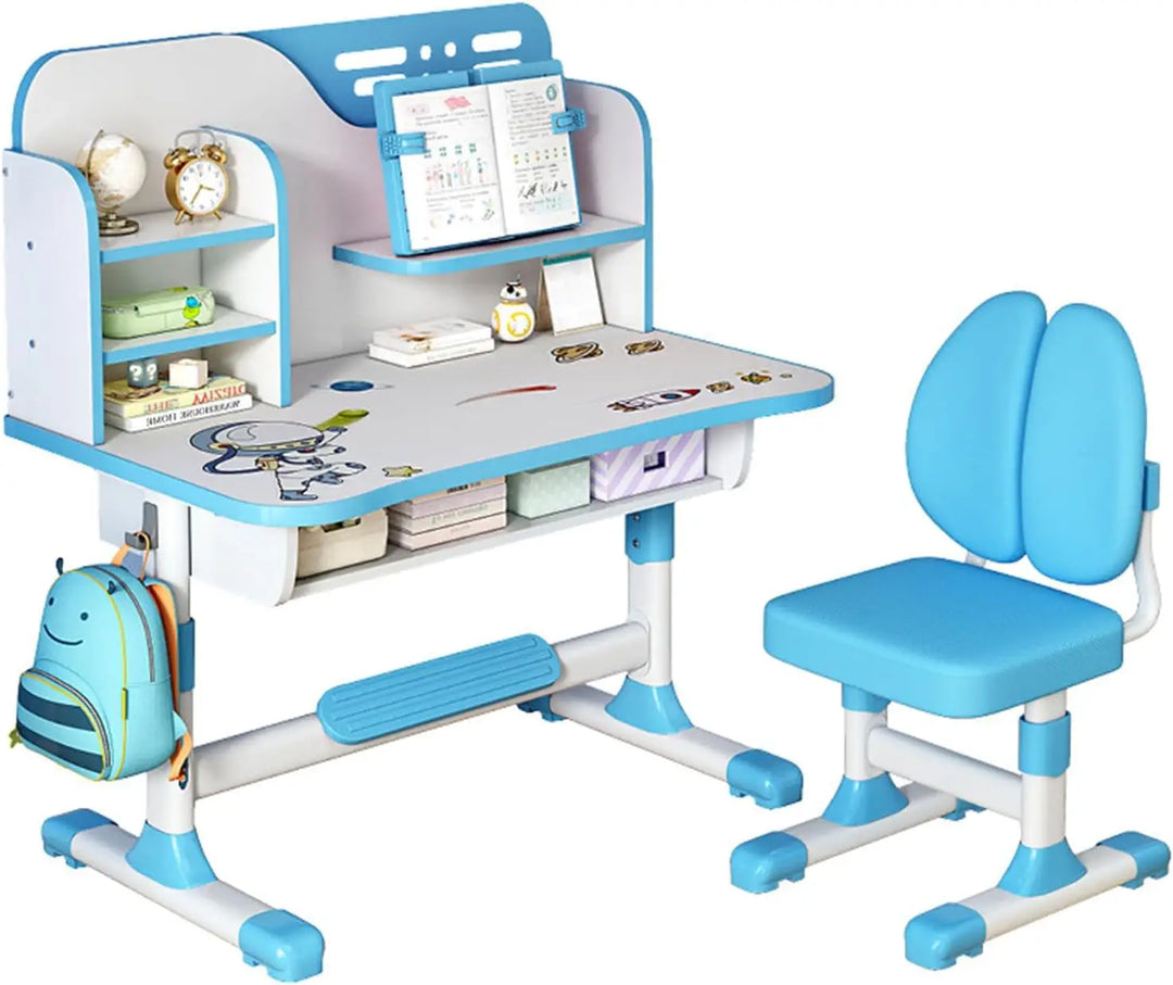 Enlarged Kids Table and Chair Set, Multifunctional Children's Reading Study Activity Desk, Ergonomic Toddler Chairs, with Storage Drawer, Bookcase, Double Shelves, for School Student Writing Studying
