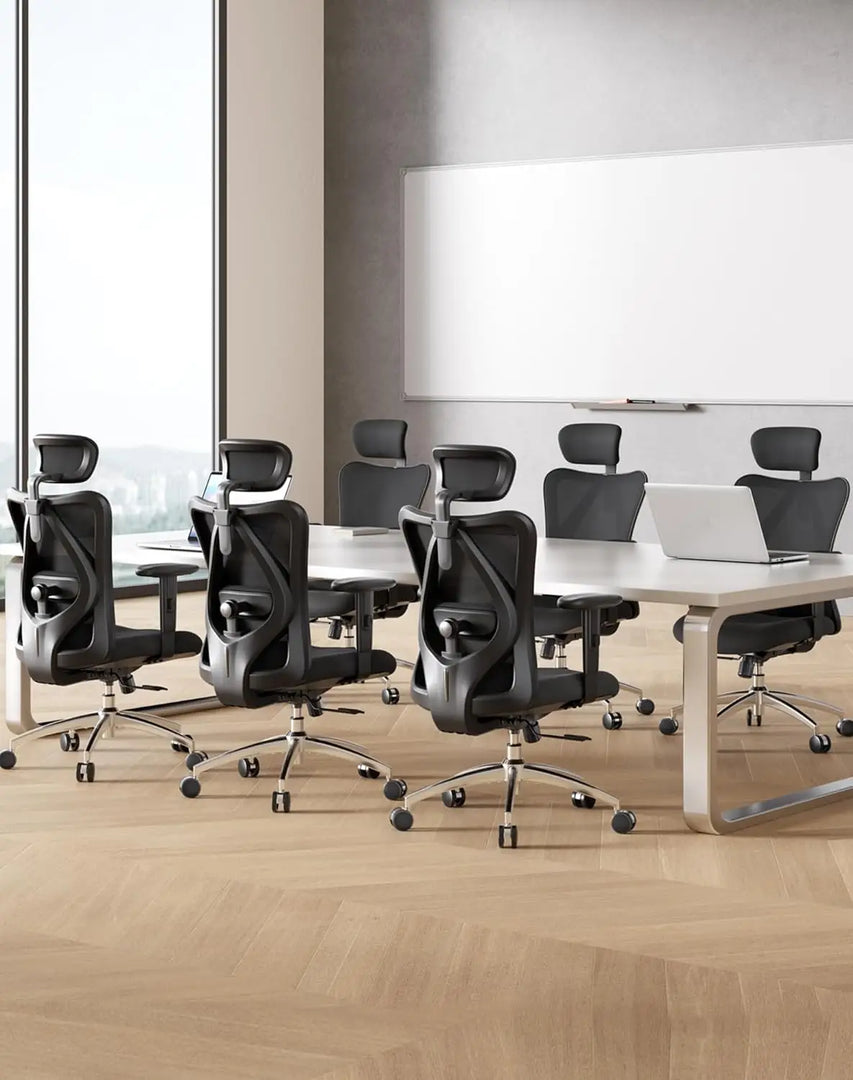 Black ergonomic desk chairs with chrome bases adjustable lumbar support headrest armrest and rocker function