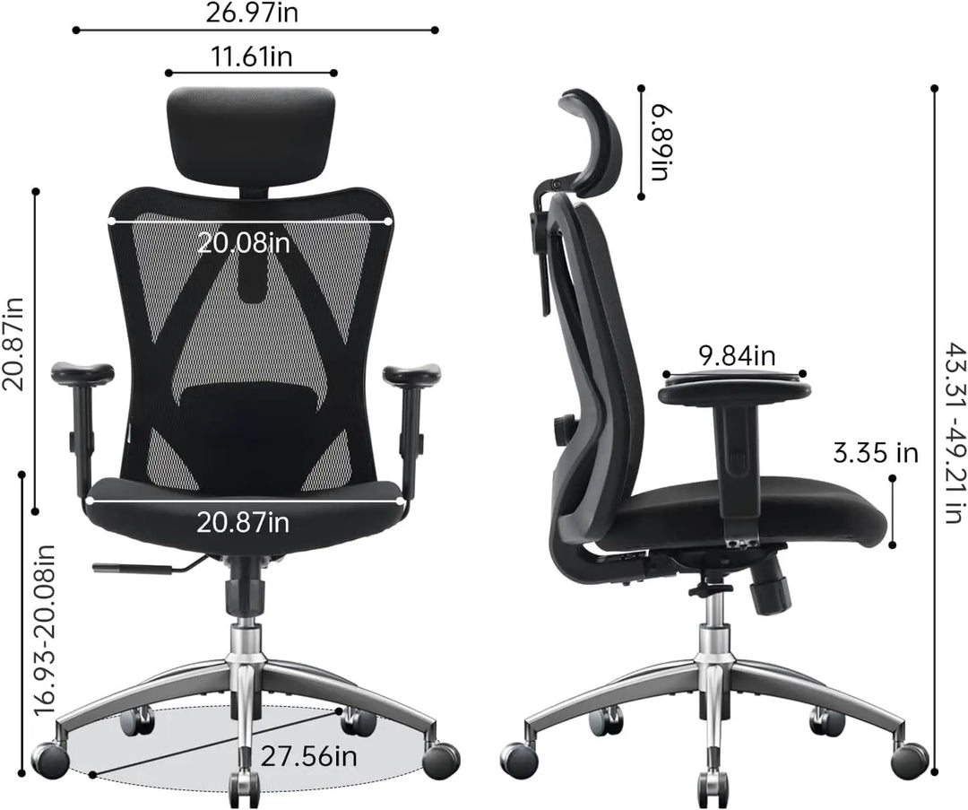 Black mesh ergonomic desk chair with adjustable headrest armrests lumbar support and five-star caster base