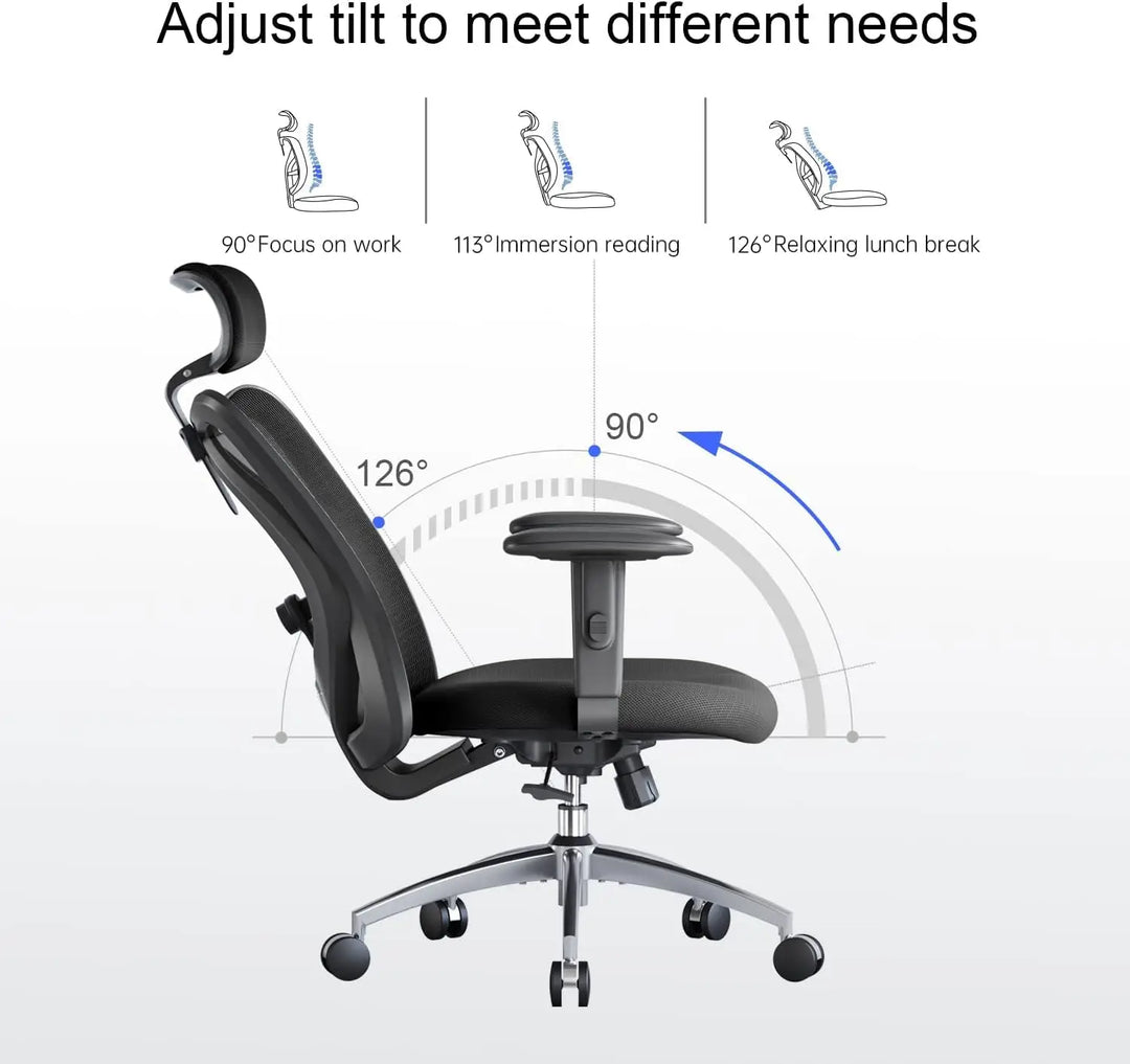 Black ergonomic desk chair with mesh back and seat, adjustable tilt headrest lumbar support and armrest for office use