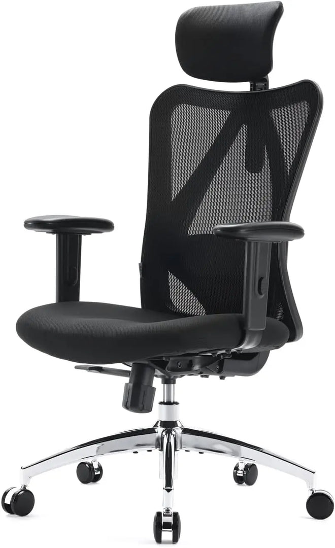 Black mesh ergonomic desk chair with adjustable headrest armrests lumbar support and chrome five-star base for office use
