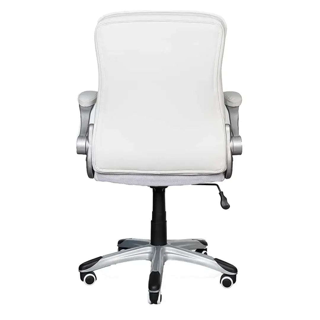 White leather ergonomic low back office chair with silver metal arms base black casters and mesh seat