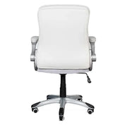 White leather ergonomic low back office chair with silver metal arms base black casters and mesh seat