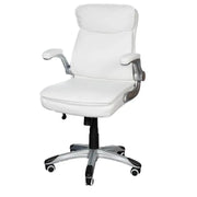 White leather ergonomic low back office chair with silver metal armrests and base and black casters for durability