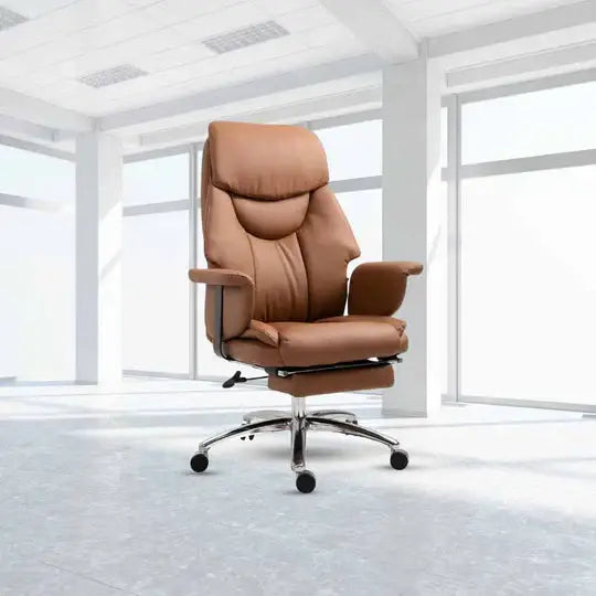 Brown leather ergonomic office chair with footrest and chrome base in luxurious PU leather for executive use