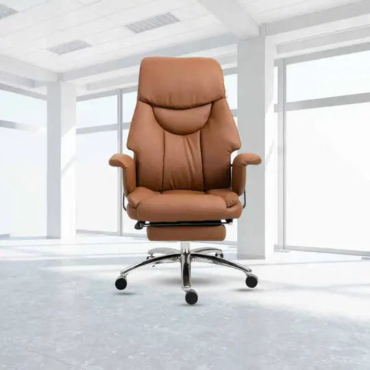 Ergonomic office chair in brown luxurious pu leather with footrest and chrome base for comfortable seating