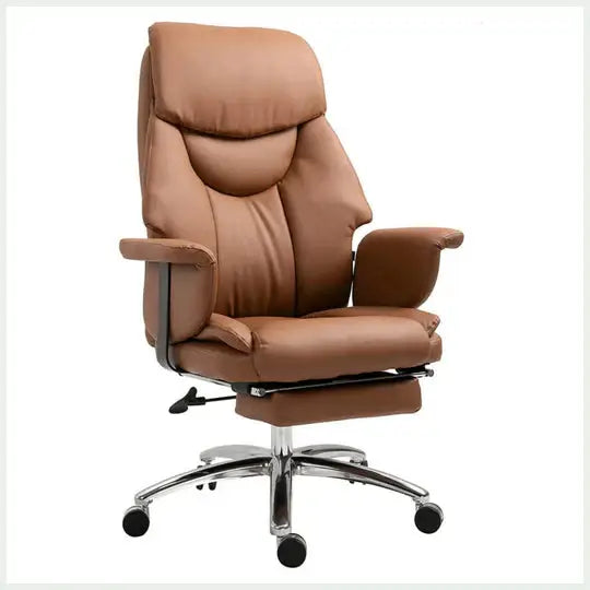 Ergonomic office chair in brown luxurious PU leather with high back armrests and chrome base footrest for comfort