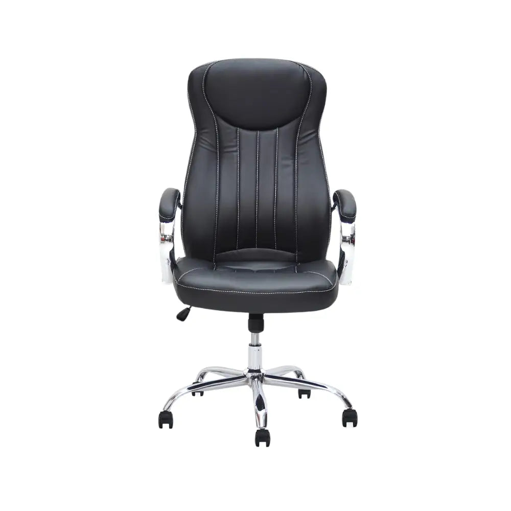 Ergonomic Shining Black Faux Leather Office Chair with Chrome Armrests & Tilt Function - Adjustable Gas lift, 360° Swivel-GCC Home Center