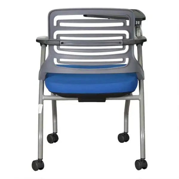 Ergonomic training chair with writing pad in gray and blue featuring a slatted back armrests and wheels