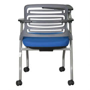 Ergonomic training chair with writing pad in gray and blue featuring a slatted back armrests and wheels