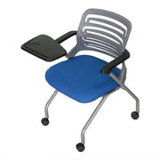 Ergonomic training chair with foldable gray plastic frame, blue upholstered seat, black armrests, and left side writing pad