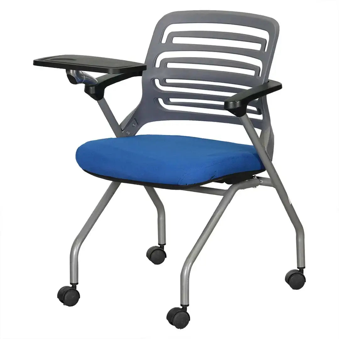 Ergonomic training chair with gray plastic frame blue upholstered seat black armrests and foldable attached tray on left side