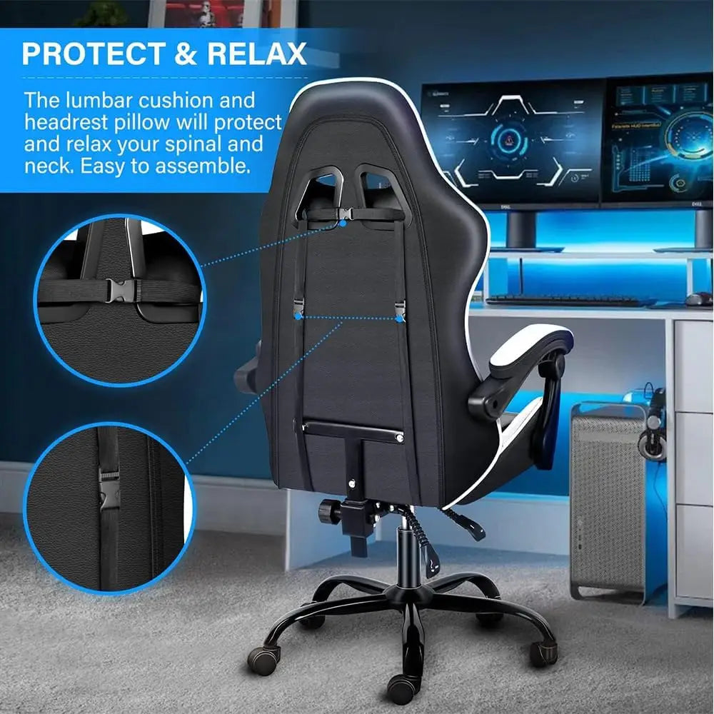 Ergonomic White & Black Gaming Chair with Adjustable Backrest, Lumbar Support, and 360° Swivel - Comfortable PU Leather Racing Chair-GCC Home Center