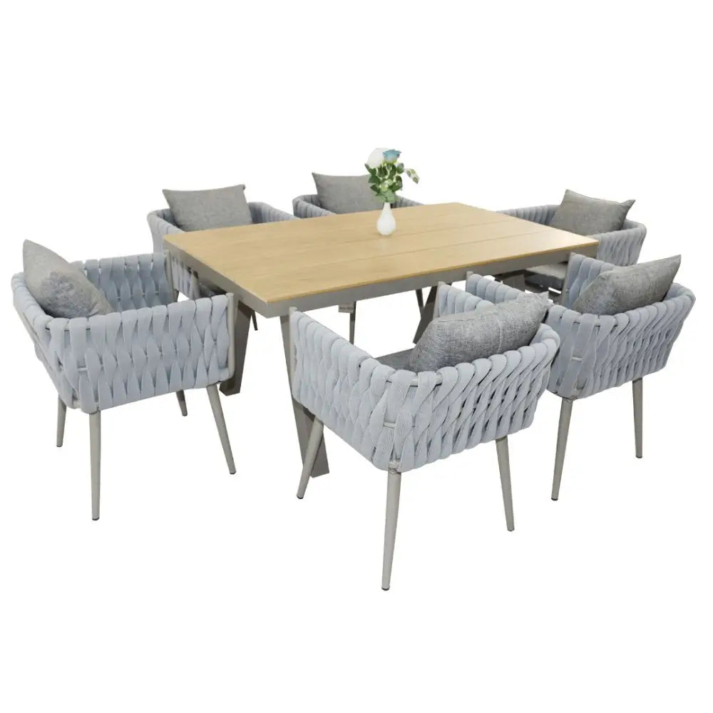 Exceptional Aluminum Frame WPC 6-Seater Outdoor Dining Set with Cushions for Garden and Patio-GCC Home Center