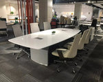 Load image into Gallery viewer, White oval conference table with glossy surface and integrated power ports for executive 8 to 12 seat luxury office meetings