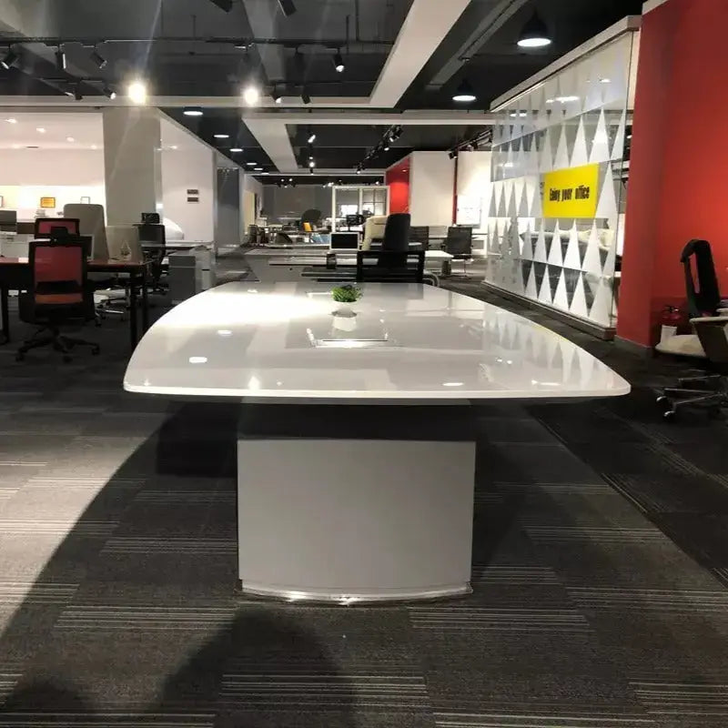 White glossy high quality executive furniture conference table with sleek modern design and curved edges for 8 seats
