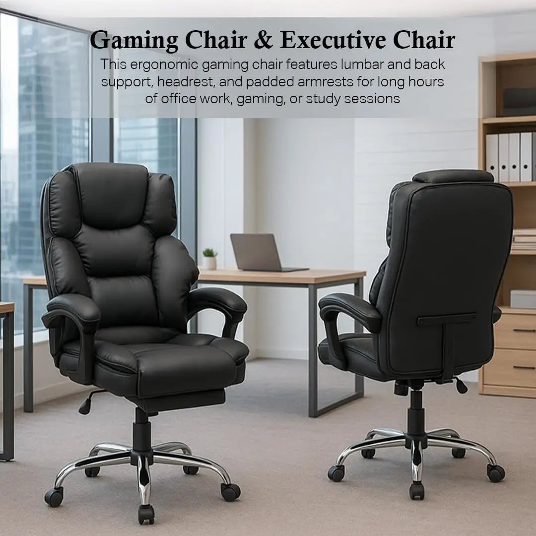 Black leather executive office gaming chair with padded lumbar support adjustable headrest and wheeled chrome base