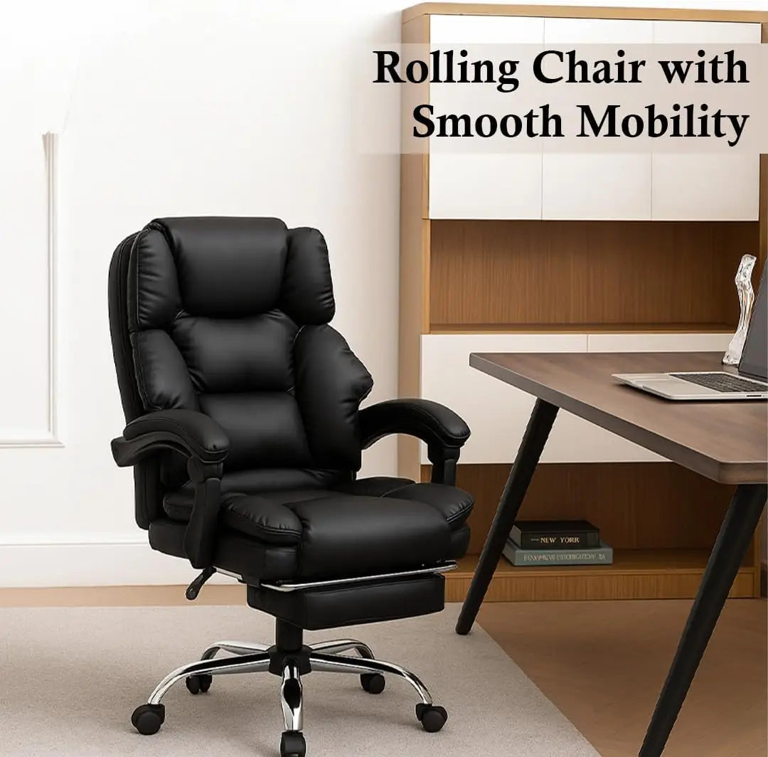 Black leather executive office gaming chair with footrest chrome base pu leather high back and adjustable height
